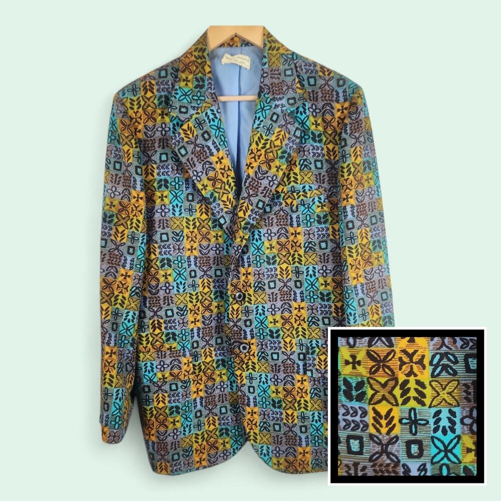 60s Vtg Sandwich Isles Men's Sport Coat 40L Gold Blue Tiki Mod Colorful Artsy